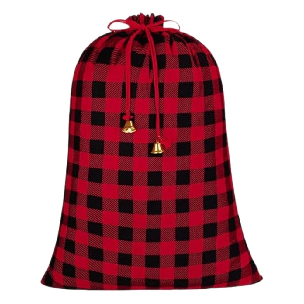 Red and Black Plaid Drawstring Bag Jumbo Size Santa Present with Bells